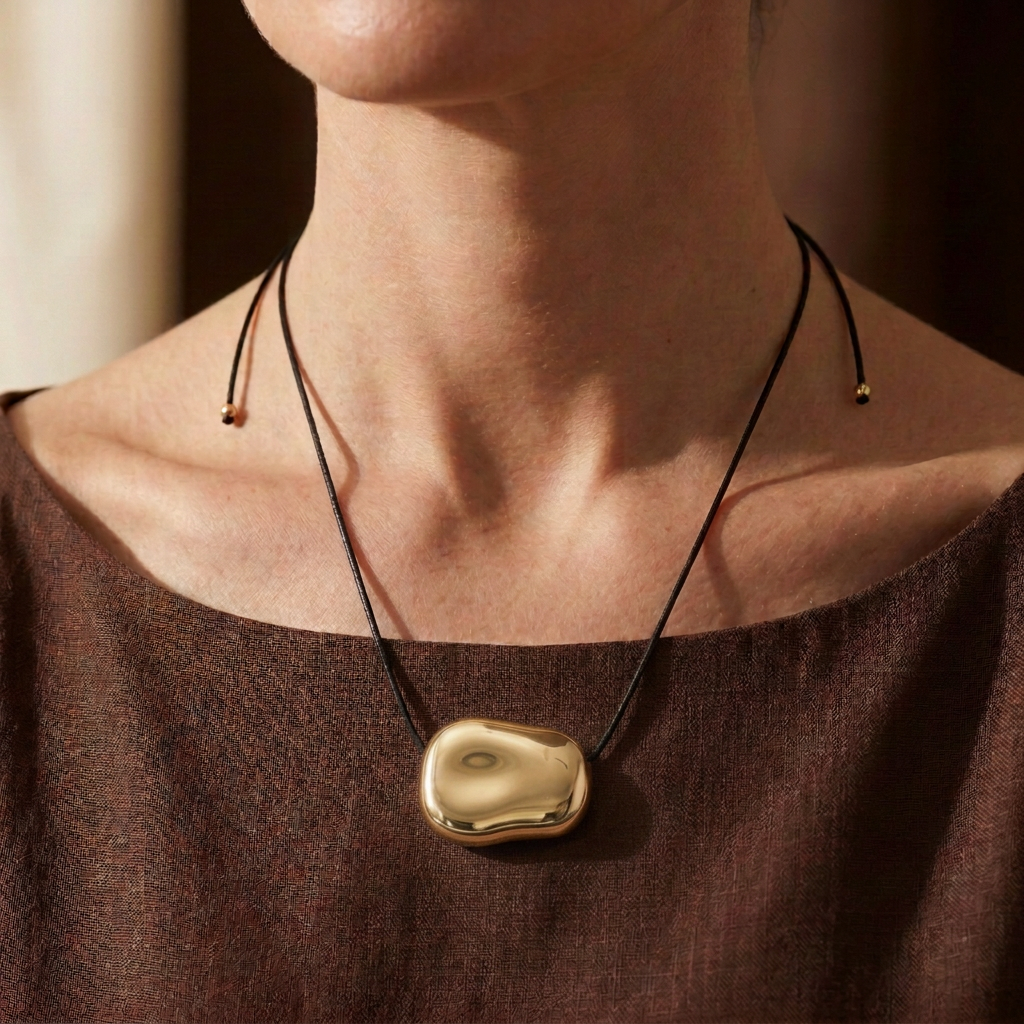 Collar Sienna dorado puesto, con cordón largo y estilismo en tonos marrón chocolate.