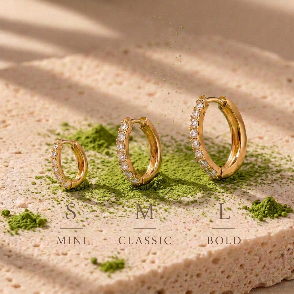 Aretes Kyoto dorados: S Mini, M Classic y L Bold.