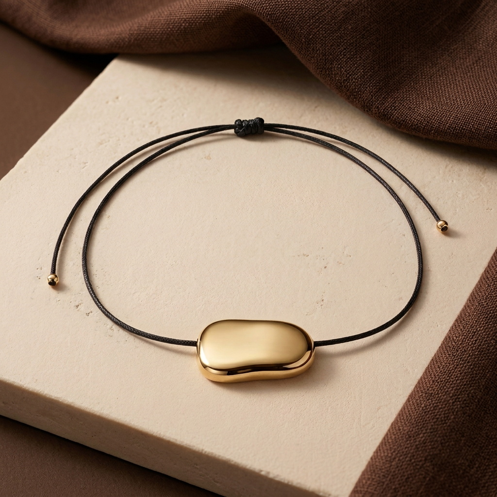 Collar Sienna dorado con cordón negro sobre fondo crema y lino marrón chocolate.