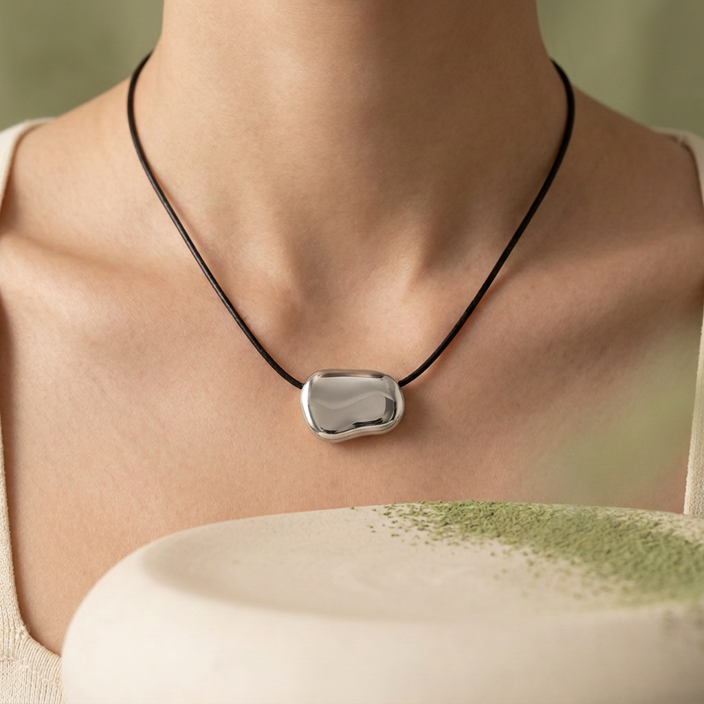 Collar Sienna plateado puesto con fondo aesthetic crema y verde matcha.