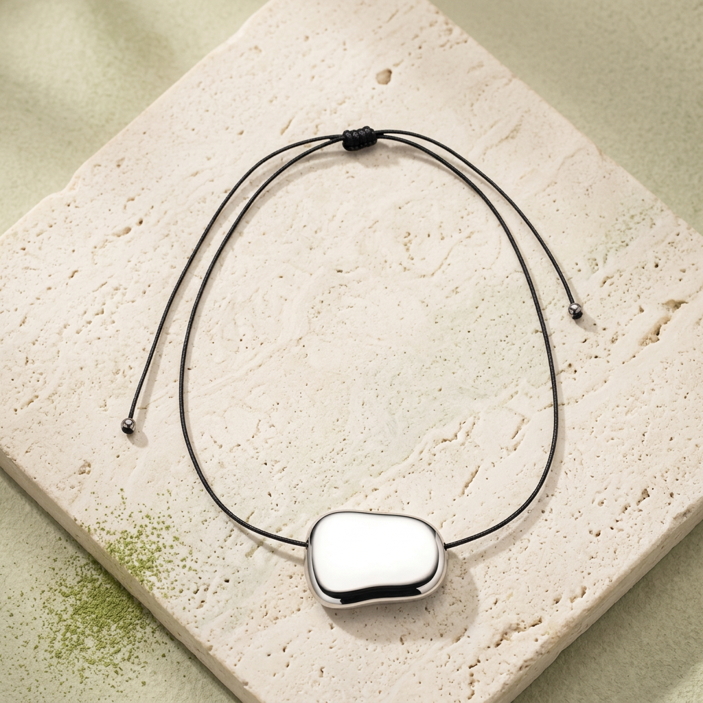 Collar Sienna sobre piedra clara con un toque de polvo verde matcha.